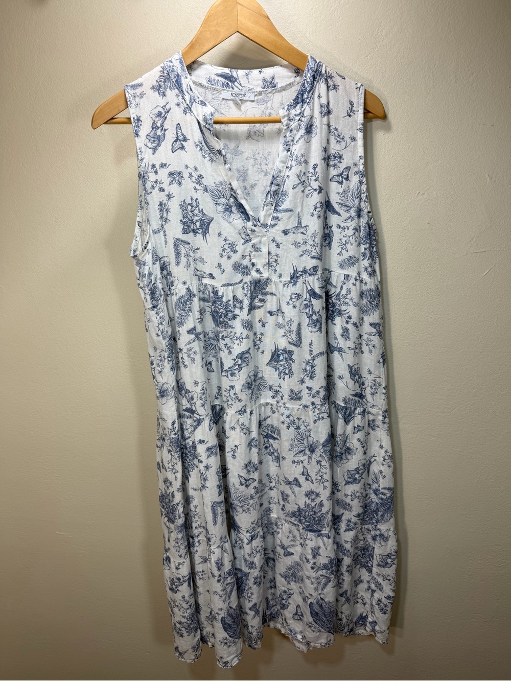 Sleeveless White Midi Dress with Blue Floral Print - Linen made in Italy dress